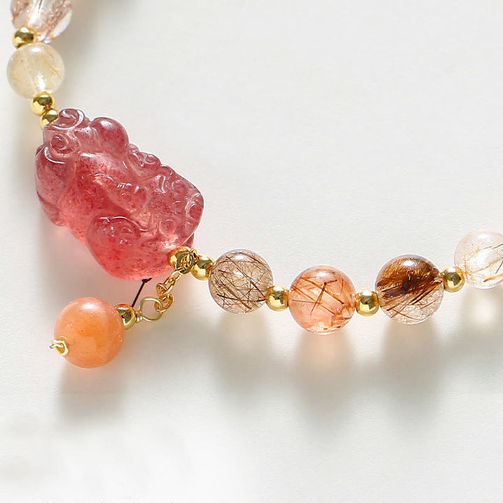 Pulsera de riqueza PiXiu de cuarzo fresa de cuarzo rutilado natural con Buddha Stones