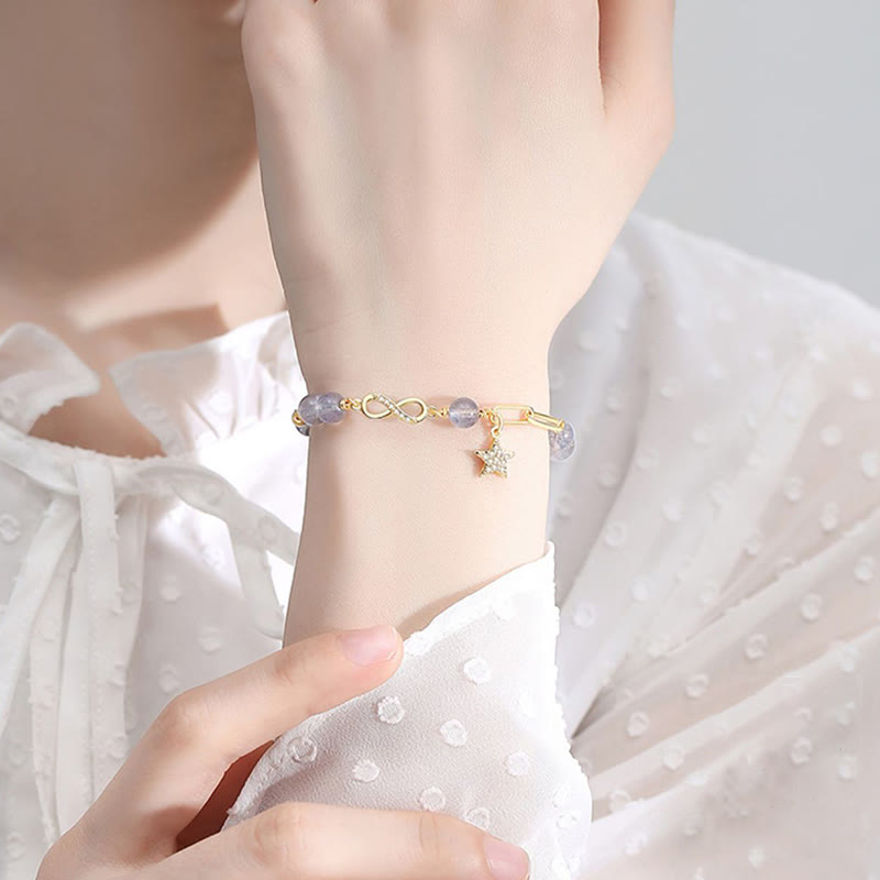 Buddha Stones chapadas en oro de 14 quilates, cuarzo fresa natural, piedra lunar, lazo de Möbius, pulsera positiva con estrella de amor eterno