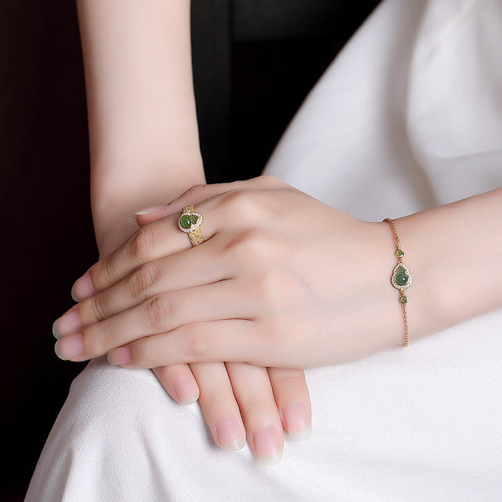Juego de anillos de pulsera de la suerte con forma de calabaza de jade cian hetiano natural chapado en plata de ley 925 con Buddha Stones