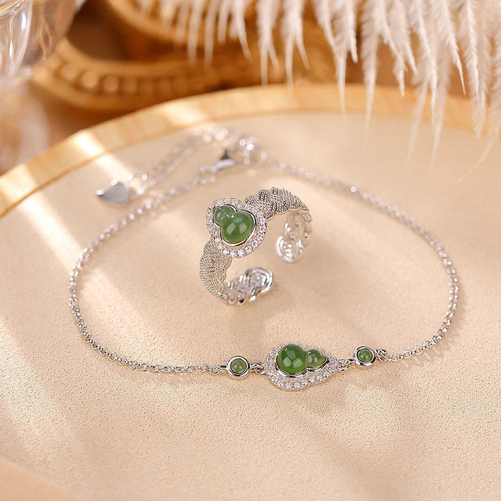 Juego de anillos de pulsera de la suerte con forma de calabaza de jade cian hetiano natural chapado en plata de ley 925 con Buddha Stones