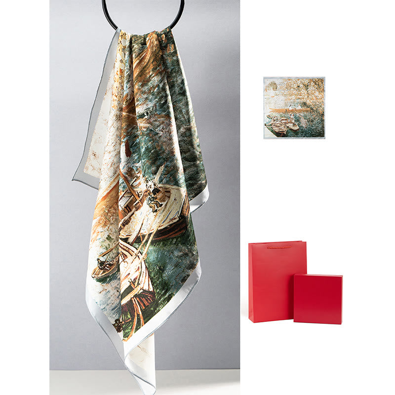 Bufanda de seda de morera 100% con pintura al óleo de jungla de Buddha Stones , bufanda de cuello de seda de doble cara de grado superior 6A - Pintura al óleo del mundo (Niña y barco) - image 16