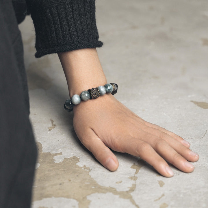 Pulsera de pareja de confianza con Buddha Stones, piedra ojo de águila, madera de ébano, cobre