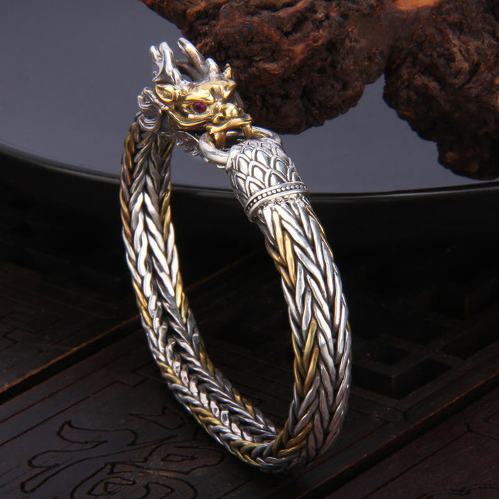 Pulsera de diseño trenzado de metal con protección de dragón auspicioso del año del dragón de plata de ley 925 con Buddha Stones