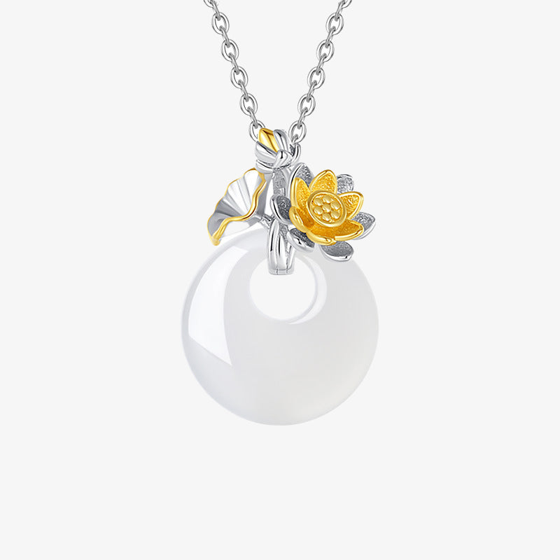 Colgante de collar de armonía de flores de doce meses de calcedonia redonda de plata de ley 925 con Buddha Stones