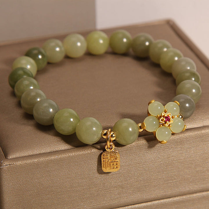 Pulsera de la suerte con dije de personaje Fu de flor de jade verde con Buddha Stones