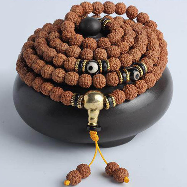 Buddha Stones 108 cuentas Mala Rudraksha Bodhi Semilla Dzi cuentas suerte pulsera de riqueza