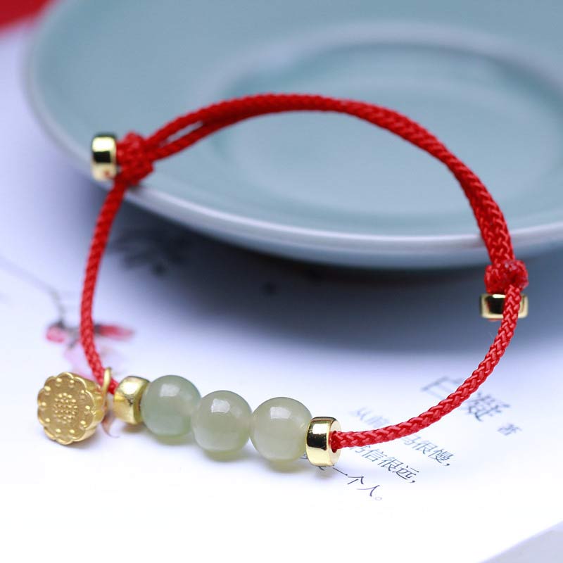 Pulsera de tejido de hilo rojo con Buddha Stones, Jade Natural, semilla de loto, fuerza