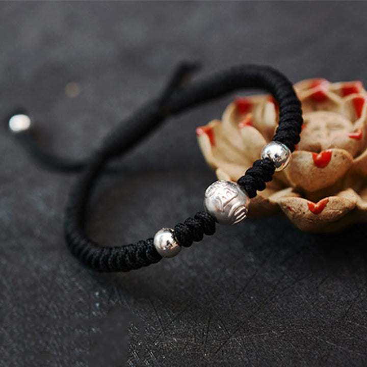 Pulsera de pareja de cuerda de fuerza de la suerte con moneda de cobre Om Mani Padme Hum de plata de ley 999 con Buddha Stones