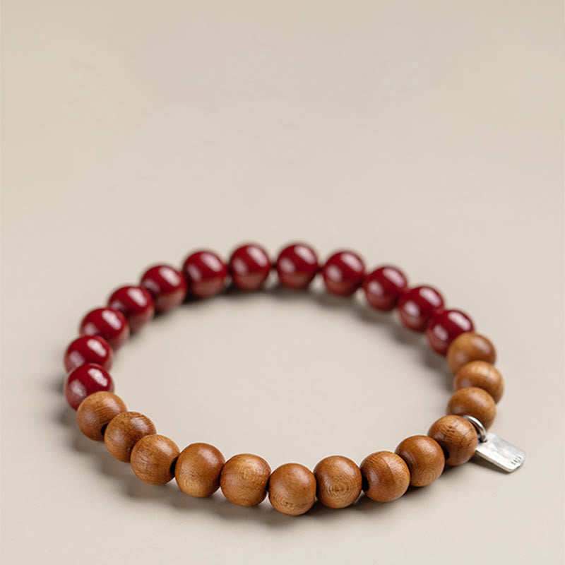 Pulsera de cinabrio de madera de melocotón de plata de ley 925 con Buddha Stones para protegerse de los malos espíritus