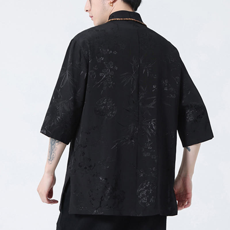 Camiseta china de media manga con botones de rana y hojas de bambú, flor de melocotón, Buddha Stones , camiseta para hombre
