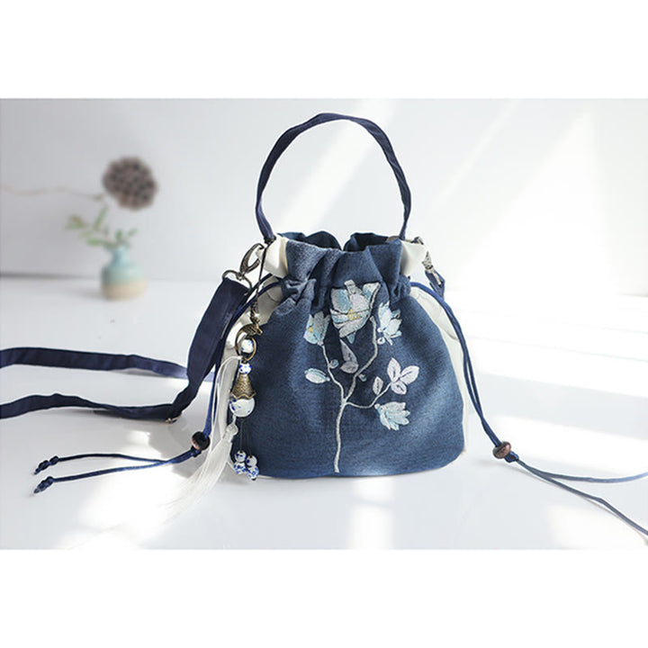 Bolso de hombro de lona con flores bordadas hechas a mano con Buddha Stones