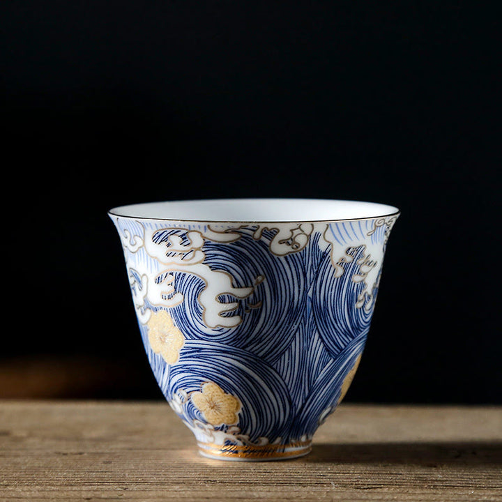 Tazas de té de cerámica con ondas del océano y el mar Vintage de Buddha Stones