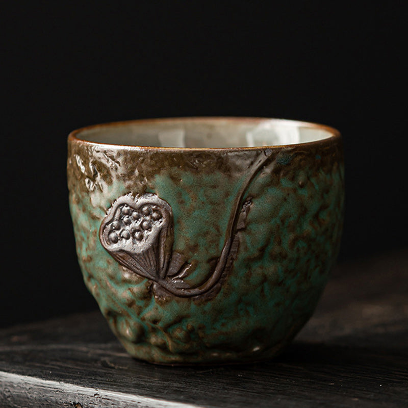 Taza de té de cerámica con Buddha Stones, hoja de vaina de loto, flor, nubes propicias, taza de té de Kung Fu