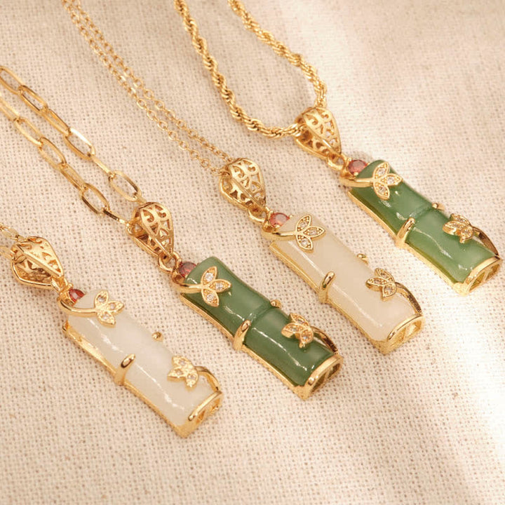 Colgante de collar de protección de la suerte de bambú con Buddha Stones, Jade blanco, cian, Jade