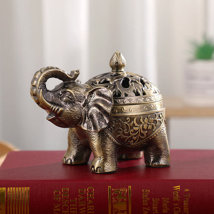 Quemador de incienso de aleación de elefante con Buddha Stones, decoración del hogar