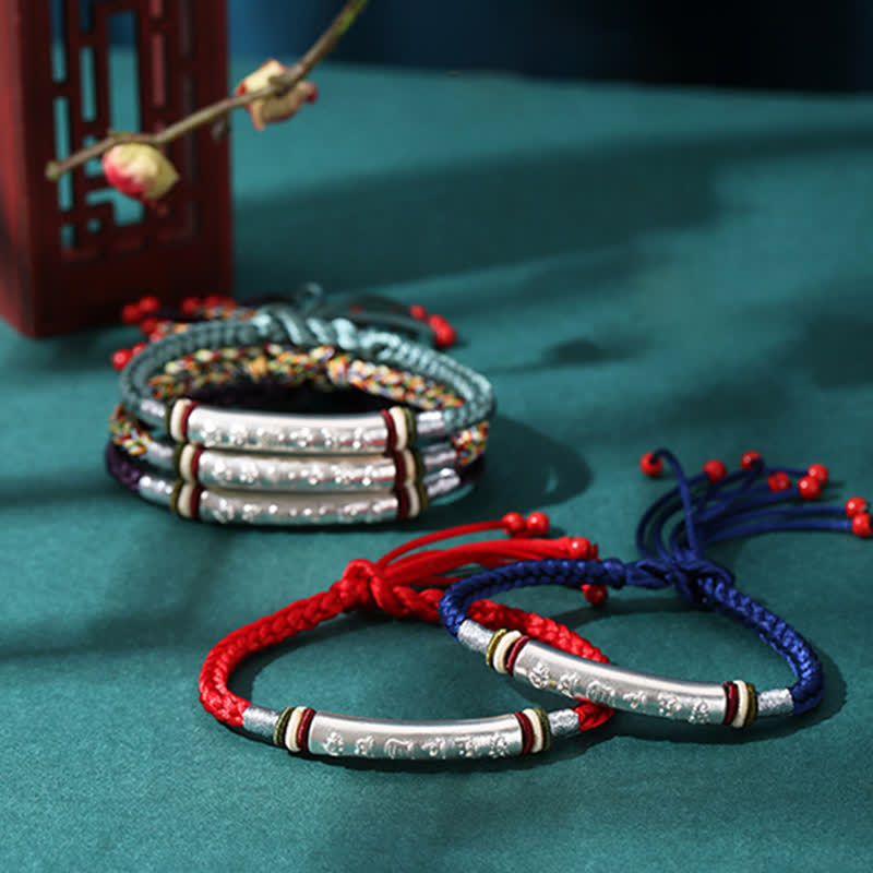 Pulsera de hilo de protección Om Mani Padme Hum de plata de ley 999 con Buddha Stones