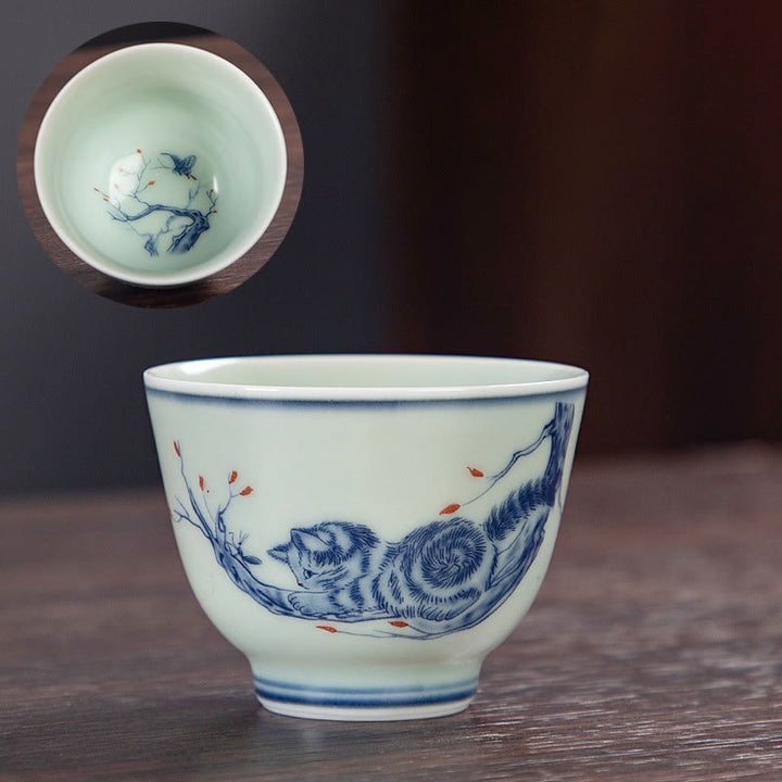 Taza de té de cerámica pequeña con Buddha Stones, paisaje azul, montañas, loto, lindos pabellones de gatos, Magnolia Reed Egrets, taza de té de Kung Fu