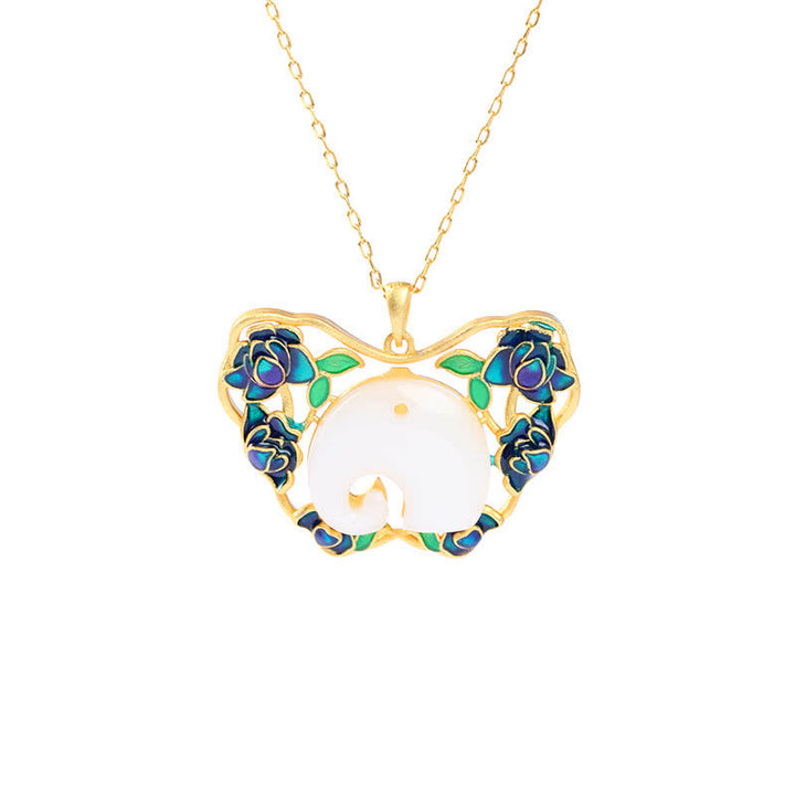 Colgante de cadena de collar de éxito de loto de mariposa de elefante de jade blanco
