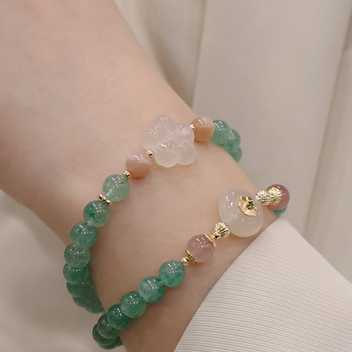 Pulsera de gratitud con flores de calcedonia, cuarzo, fresa, verde natural , Buddha Stones