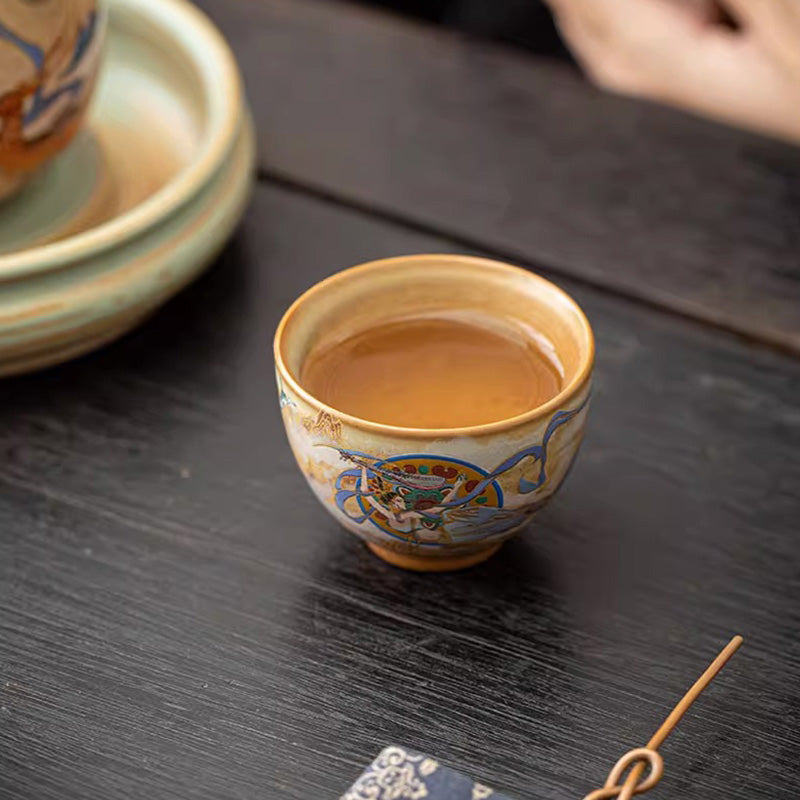 Taza de té de cerámica Gaiwan Sancai de Dunhuang Flying Apsaras con Buddha Stones, taza de té de Kung Fu con tapa
