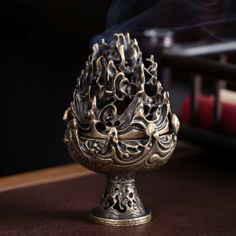 Quemador de incienso tibetano de aleación de cobre para meditación con patrón de montaña Mini