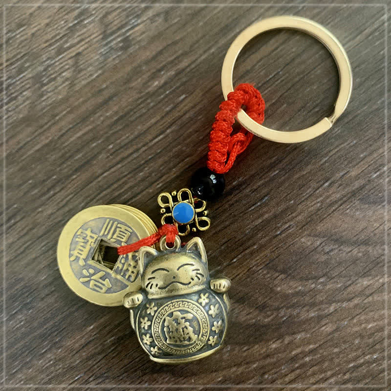 Buddha Stones Feng Shui Cinco Monedas Emperador Gato de la Suerte Dinero Riqueza Llavero