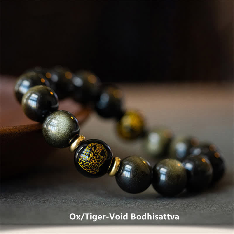 Pulsera de protección de la riqueza de obsidiana con brillo dorado del Buda Natal del zodíaco chino