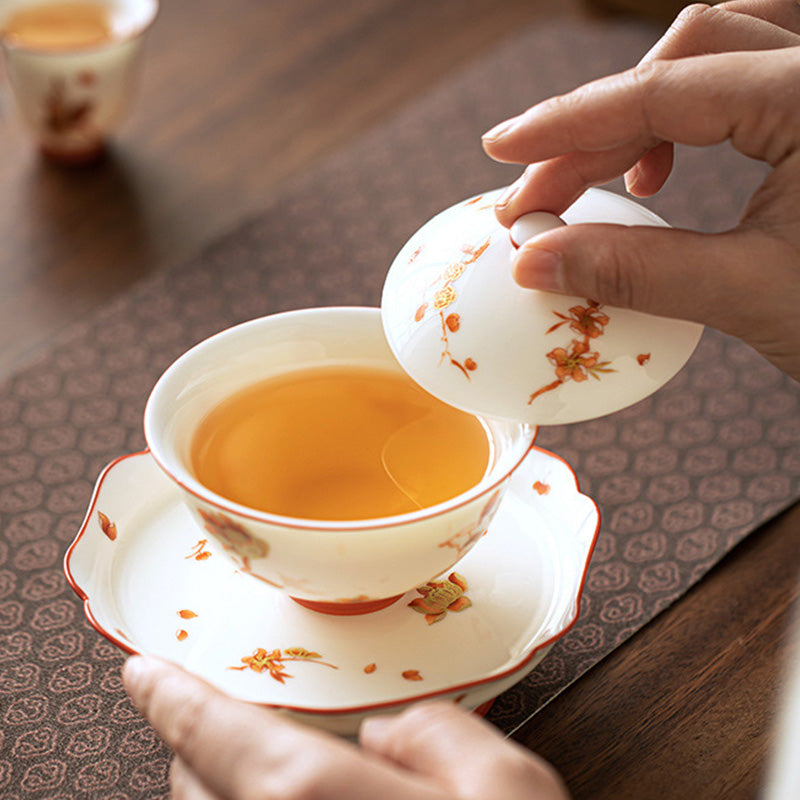 Taza de té y platillo con tapa, Gaiwan Sancai de cerámica, flores de porcelana blanca, Buddha Stones, Kung Fu