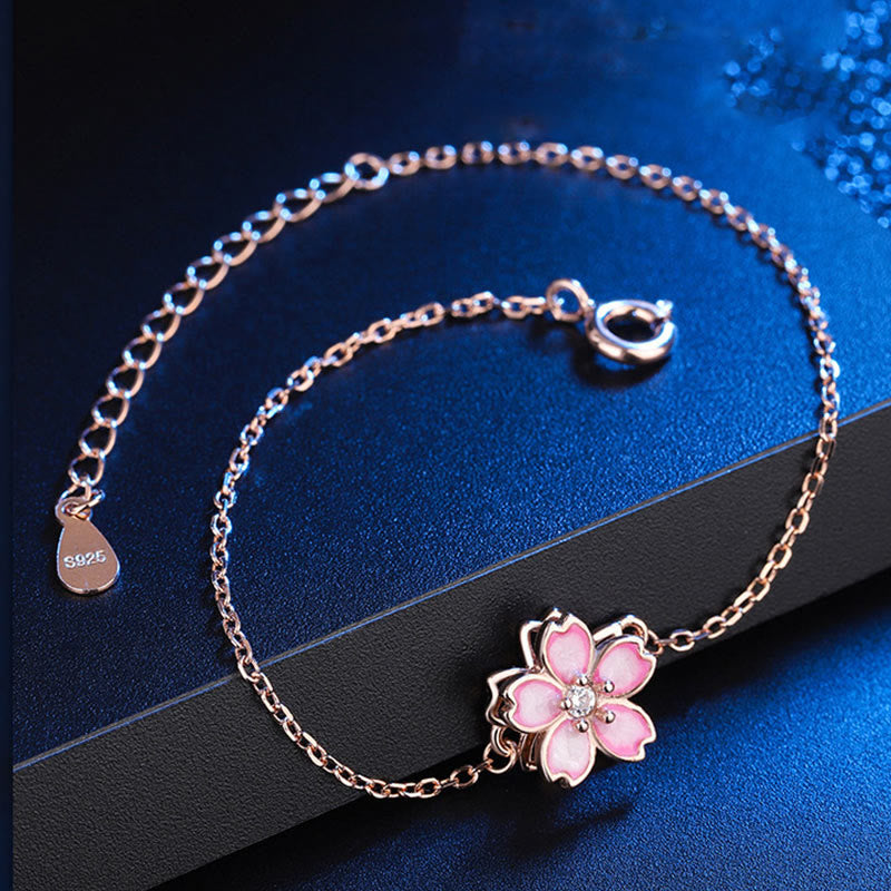 Pulsera con cadena de bendición de flor de cerezo de plata de ley 925 con Buddha Stones , anillo giratorio