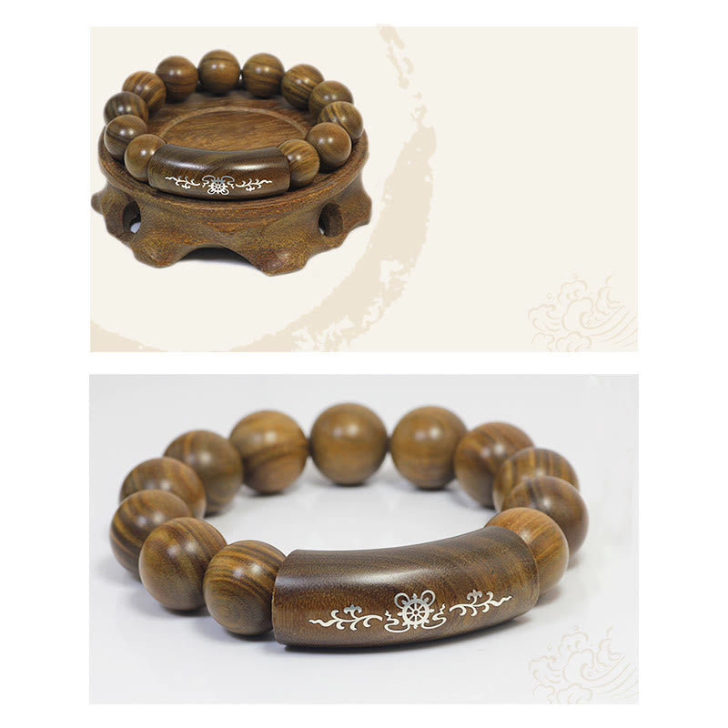 Pulsera de plata de ley 999 con Buddha Stones, sándalo verde, Om Mani Padme Hum, dragón, Fénix, Dharmachakra, con incrustaciones de paz