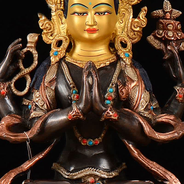 Decoración de estatua de cobre de protección Avalokitesvara de cuatro brazos Bodhisattva Chenrezig