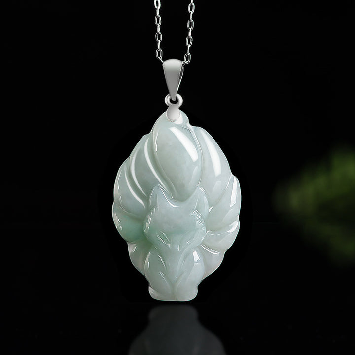 Colgante de collar de prosperidad de zorro de nueve colas de jade natural de plata de ley 925 con Buddha Stones