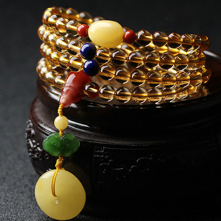 108 cuentas de Mala, citrino Natural, ámbar, hebilla de la paz, ágata roja, pulsera de protección PiXiu