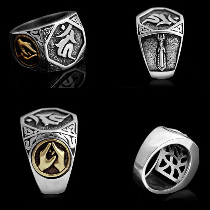 Anillo ajustable de protección tallada con diseño sánscrito de plata de ley 925 con Buddha Stones