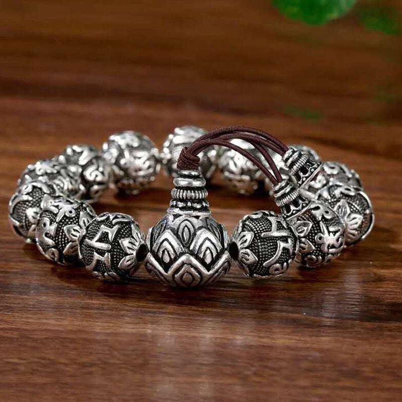 Pulsera de amuleto de cuentas de aleación talladas Om Mani Padme Hum tibetano con Buddha Stones
