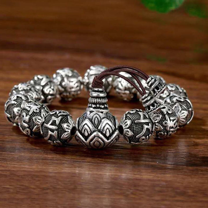Pulsera de amuleto de cuentas de aleación talladas Om Mani Padme Hum tibetano con Buddha Stones