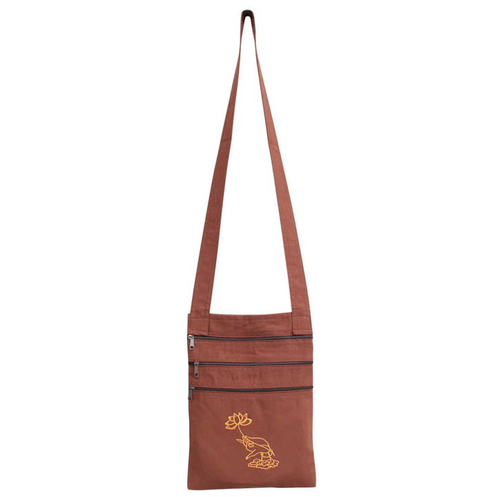 Bolso bandolera de algodón bordado con loto para práctica de la mente espiritual - Bolsa de práctica espiritual con flor de loto marrón - image 3