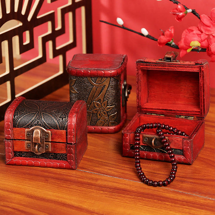 Caja de joyería de madera pequeña Retro con Buddha Stones , caja de almacenamiento de joyería con flor de hierba Narciso, moneda de cobre, uva dorada de loto