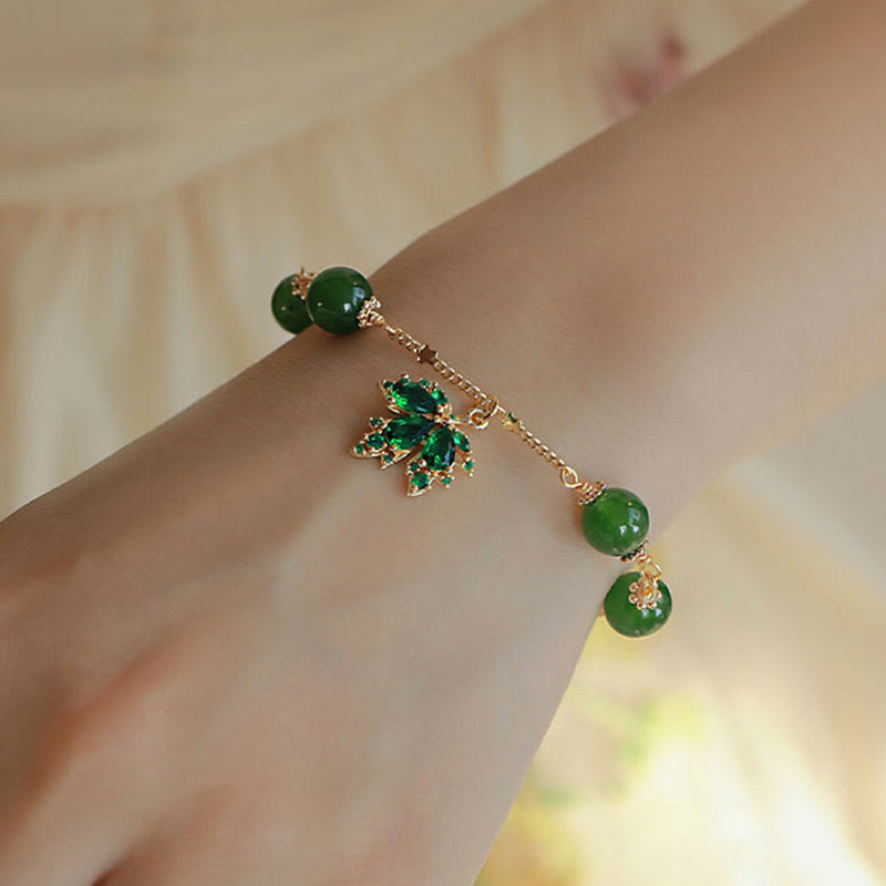 Pulsera de fuerza de valor de hoja de arce de calcedonia verde chapada en oro de 14 quilates con Buddha Stones