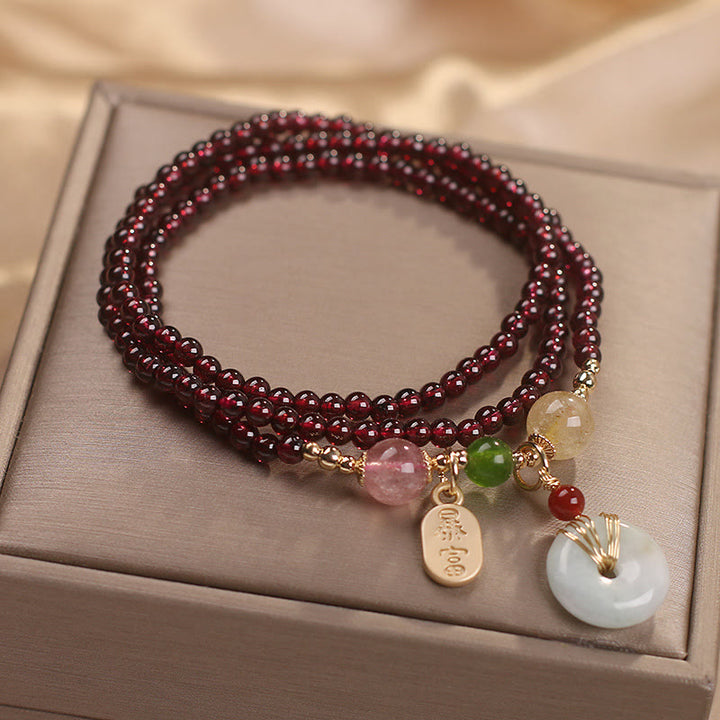 Pulsera de triple envoltura con Buddha Stones, granate Natural, fresa, cristal de cuarzo, zorro, pez Koi, hebilla de la paz, protección de la fortuna