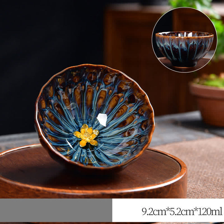 Tazas de té de cerámica con incrustaciones de Buddha Stones , loto, pavo real, dragón, fénix, pez koi, 120 ml - Oro - Flor de loto - image 12
