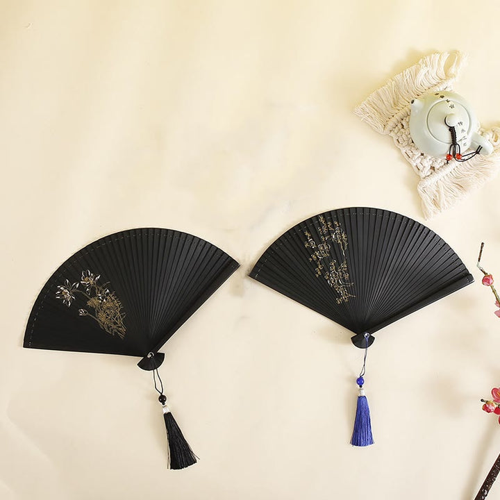 Abanico plegable de bambú de mano con Buddha Stones, flor de hibisco, flor de ciruelo