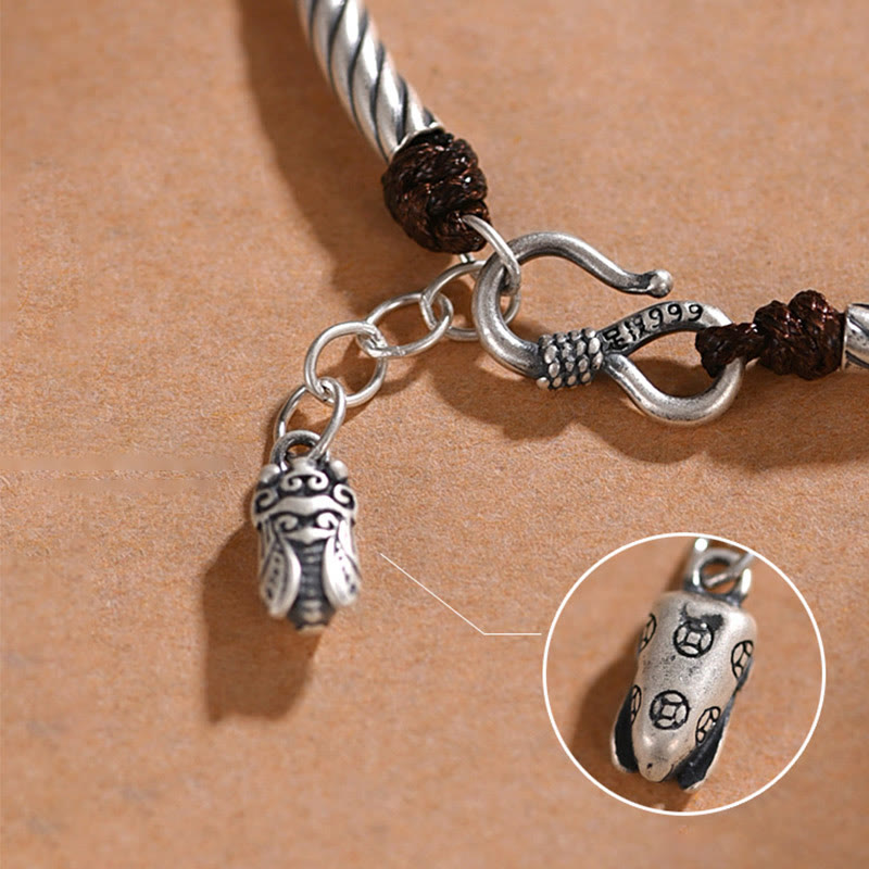 Pulsera de plata de ley 999 con diseño de bambú y suerte de cigarra