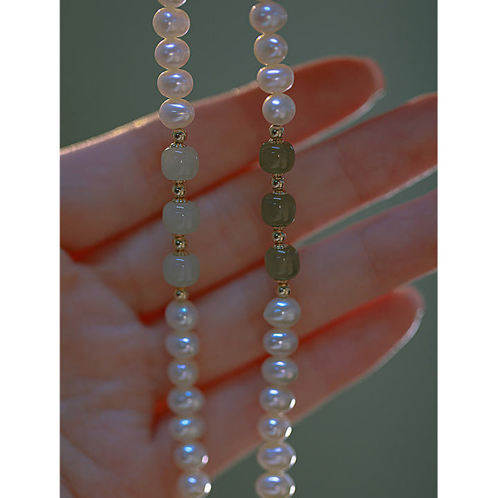 Pulsera de cadena de cuentas de sinceridad de jade blanco de jade cian hetiano de perlas naturales chapadas en oro de 14 quilates