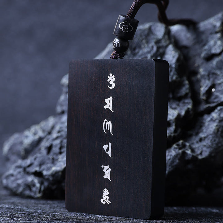 Buddha Stones de plata de ley 999, colgante de collar de protección con incrustaciones de madera de ébano de sándalo rojo y hoja pequeña Om Mani Padme Hum - Madera de ébano 4*6*1cm - image 14