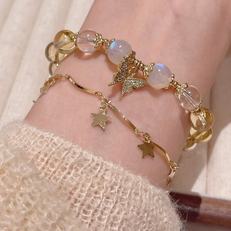 Pulsera de protección de prosperidad con dije de mariposa, piedra lunar, citrino, Buddha Stones