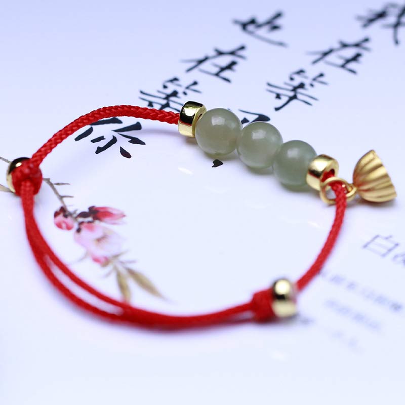 Pulsera de tejido de hilo rojo con Buddha Stones, Jade Natural, semilla de loto, fuerza