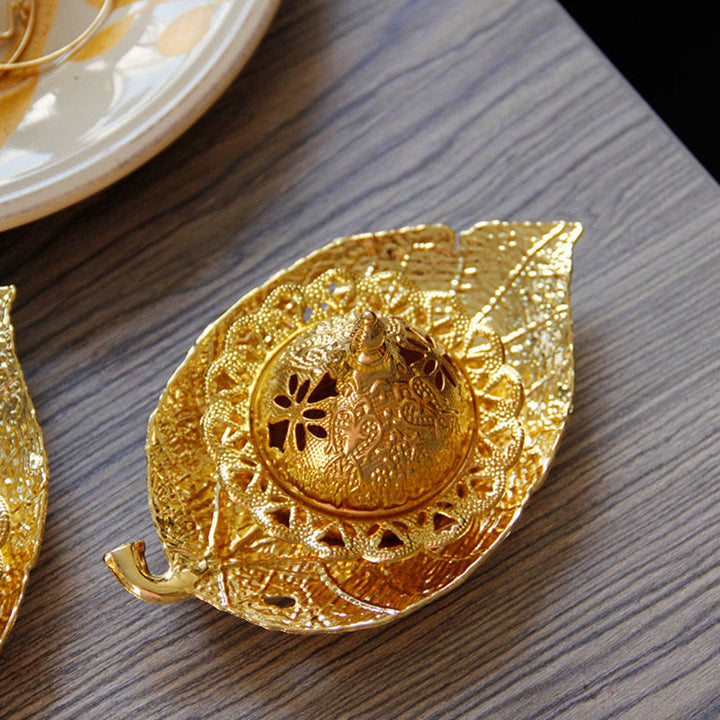 Quemador de incienso de meditación con posavasos de mini hojas de oro tibetano
