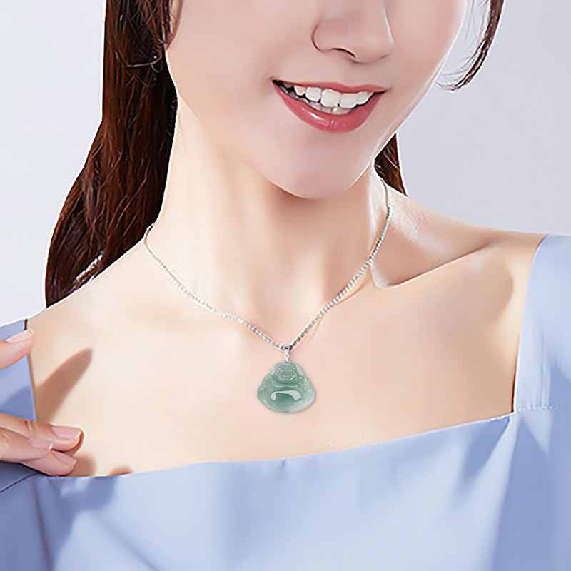Buddha Stones de plata de ley 925 con colgante de cadena y collar de protección de jade de Buda sonriente - image 8