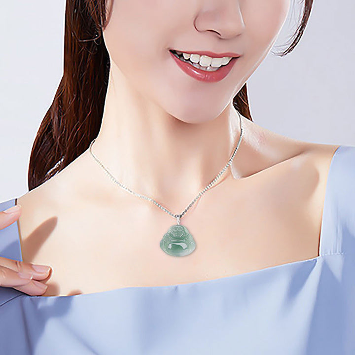 Buddha Stones de plata de ley 925 con colgante de cadena y collar de protección de jade de Buda sonriente - image 8
